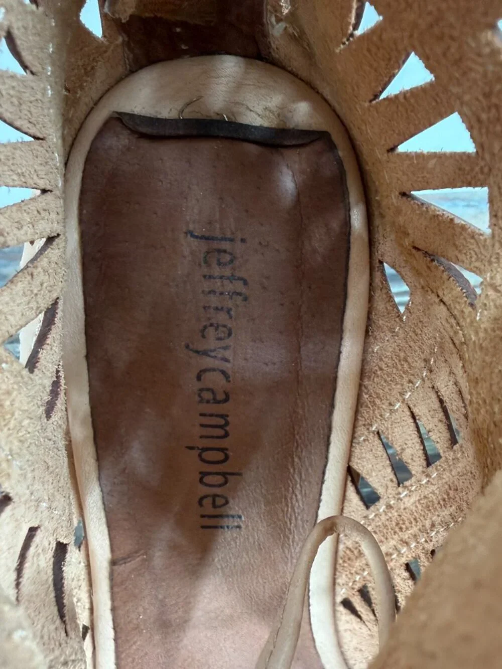Jeffrey Campbell Tan Leather Cutout Wedge Heels Lace Up Peep Toe Size 7.5